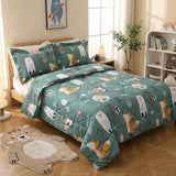 JSD Green Forest Animals Kids Comforter Set Queen Size, 3 Piece Woodland Printed Microfiber Bedding Set, Machine Washable JSD