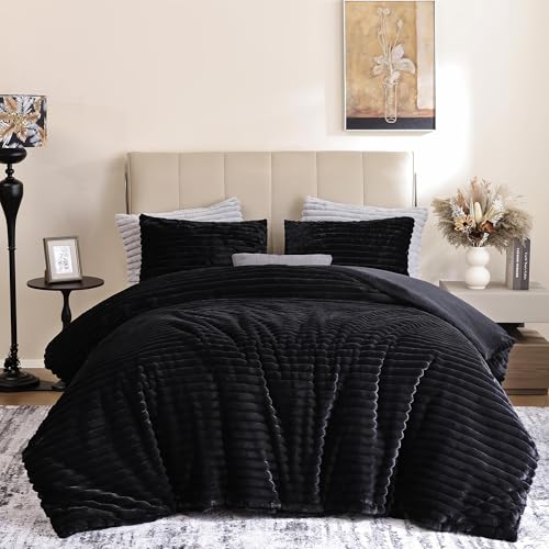 weigelia Black Comforter Full Set – Ultra Soft Plush Fleece Black Bed Set, Fluffy Warm Luxury Bedding Comforter with 2 Pillowcases, Cozy Heavy Warm Bed Set for Winter weigelia
