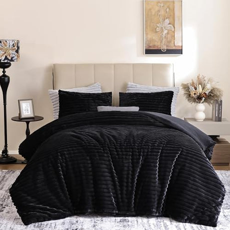 weigelia Black Comforter Full Set – Ultra Soft Plush Fleece Black Bed Set, Fluffy Warm Luxury Bedding Comforter with 2 Pillowcases, Cozy Heavy Warm Bed Set for Winter weigelia