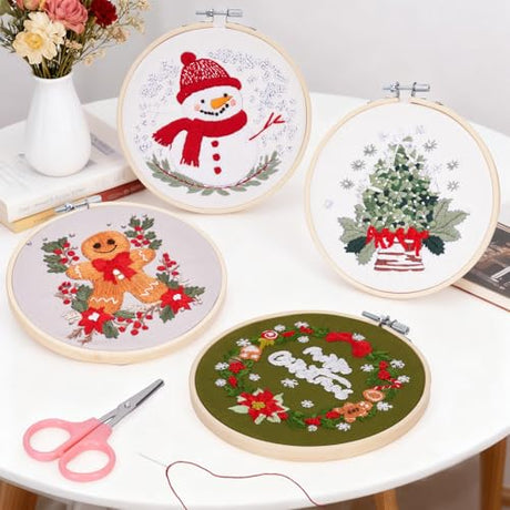 Christmas Embroidery Kit for Adults & Beginners, Gnomes & Christmas Tree Hand Embroidery Ornaments kit with Pattern, Cotton, Needles & Instruction, Christmas DIY Cross Stitch Kits Gifts (4pcs-A) BibYuga