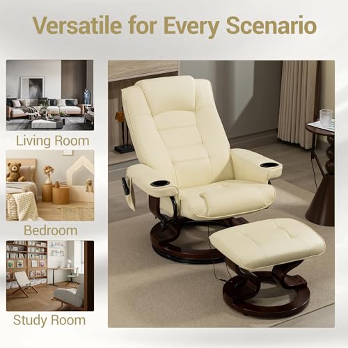 WENTUM Heated Massage Recliner Chair with Ottoman, PU Leather Lounge Chair with Footrest & 360 Swivel Wooden Base for Adults Bedroom Living Room, Beige WENTUM