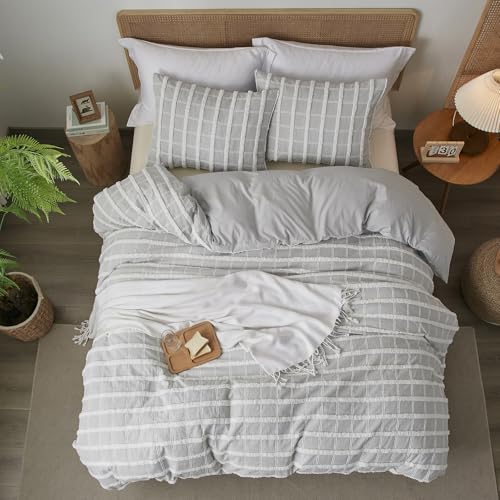 Ranunculus Tufted Boho Queen Duvet Cover Set, Fluffy Washed Microfiber Stripe Duvet Cover Queen Size with Button Closure & 2 Pillow Shams for All Seasons, Comforter Not Included (Grey Check, 90"x90") Ranunculus