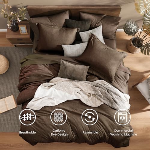 Monbix King Size Comforter Set, Chocolate Brown King Bedding Set Reversible, King Comforter Set 7 Pieces, Cationic Dyeing Bed in a Bag with Comforter, Sheets, Pillowcases & Shams Monbix