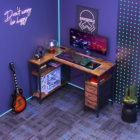 DUMOS L Shaped Desk with Shelf Drawers 47 Inch, Brown Corner Computer Desks Gaming with Power Outlet, Study Table with Adjustable Shelves, Home Office Tables for Bedroom Teacher Reading Writing DUMOS