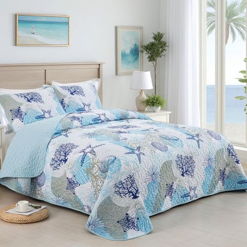Dinjoy Coastal Quilt Set Twin Size, Blue Ocean Beach Themed Bedding Set Coral Seashell Conch Starfish Pattern Microfiber Lightweight Summer Bedspread Coverlet Bed Set All Season(68x86 Inch) Dinjoy