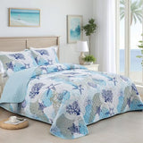 Dinjoy Coastal Quilt Set Twin Size, Blue Ocean Beach Themed Bedding Set Coral Seashell Conch Starfish Pattern Microfiber Lightweight Summer Bedspread Coverlet Bed Set All Season(68x86 Inch) Dinjoy