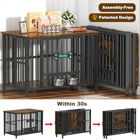 Easycom Dog Crate Furniture Foldable, No Assembly Decorative Dog Kennel Indoor, Dog Crates for Large Dogs(35-60 lb), Wooden Dog Cage with Adjustable Bowls and Name Tag, End Table, Rustic Brown EasyCom