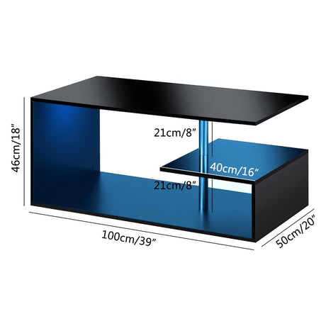 HOMMPA LED Coffee Tables for Living Room Modern Black Coffee Table with S-Shaped 3 Tiers Open Storage Shelf High Gloss Center Sofa Tea Table with LED Lights for Home Office Furniture Black 18" Tall HOMMPA