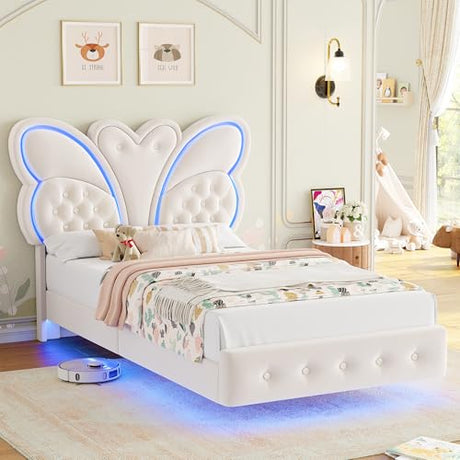 Keyluv Twin Bed Frame Butterfly-Pattern Upholstered Headboard, Modern Floating Bed with LED Lights Button Tufted on Headboard and Footboard, Slats Support No Box Spring Needed, Noise-Free, Beige Keyluv