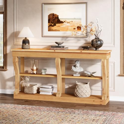 TRIBEWOOD Solid Wood Console Table for Entryway, 63-Inch 3-Tier Sofa Table Behind The Couch with Storage, Farmhouse Entryway Furniture for Living Room, Foyer, Hallway, Natural Wood TRIBEWOOD