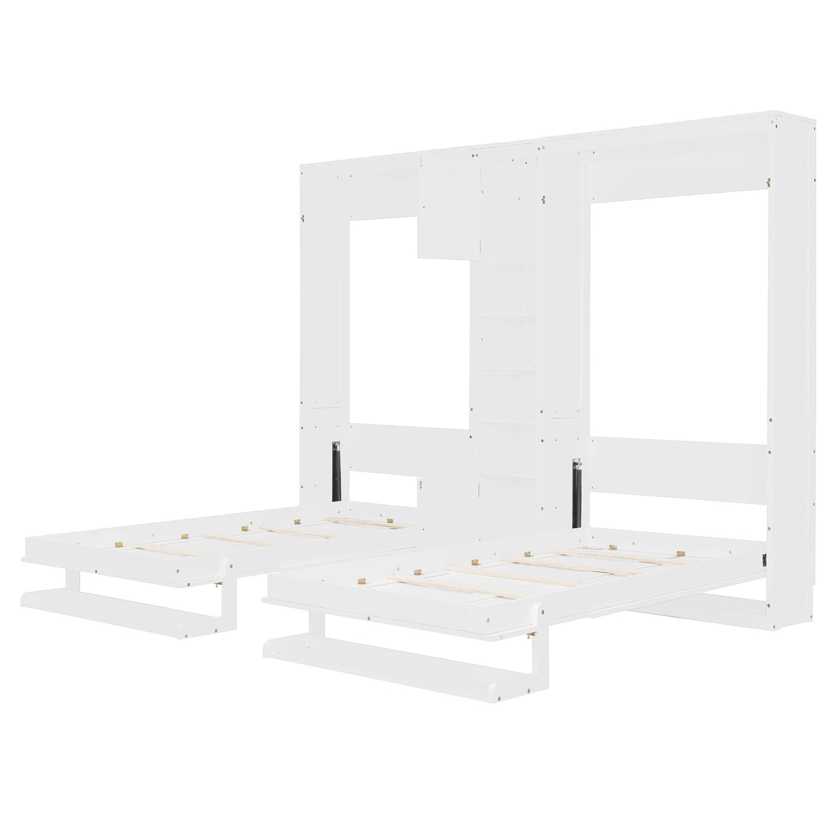 SOFTSEA Twin and Twin Size Dual Murphy Bed with Cabinets and Shelves, Hideaway Platform Bed Frame with 2 Cabinets, 2 in 1 Design, for Home Guest Room, White SOFTSEA