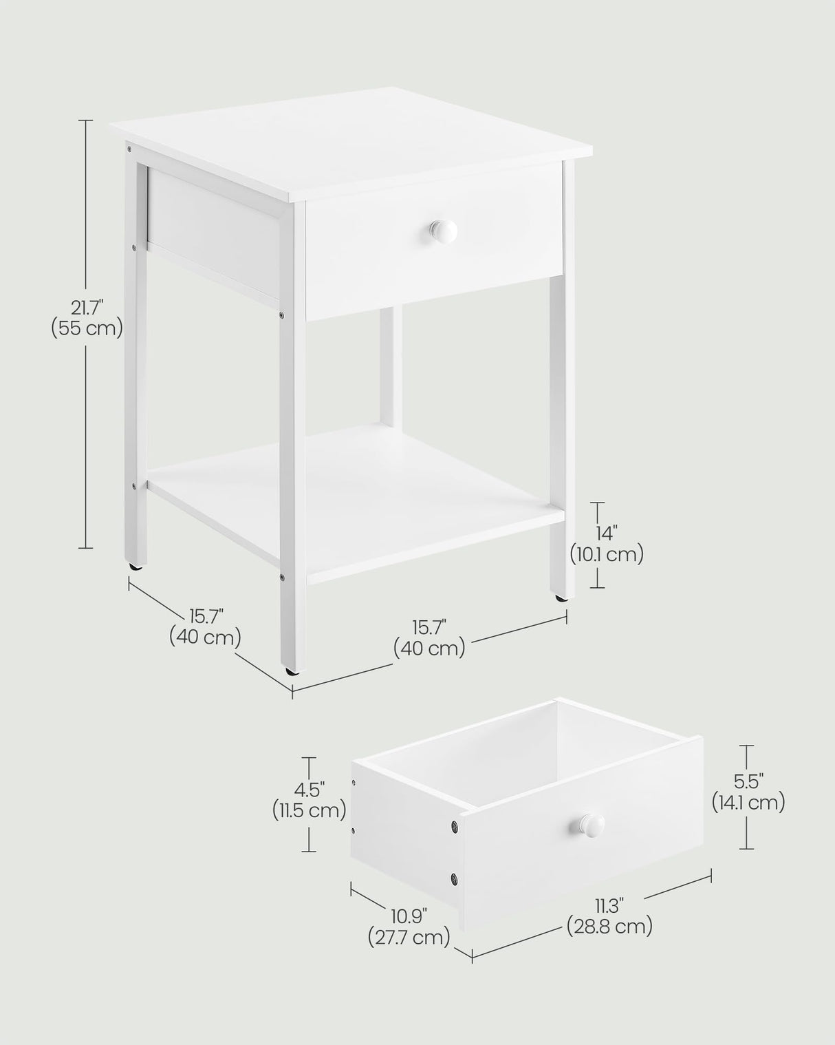 VASAGLE Nightstands Set of 2, End Tables, Side Tables with Drawer and Shelf, 15.7 x 15.7 x 21.7 Inches, Bedroom, Steel Frame, Easy Assembly, Modern, Matte White ULET506W14 VASAGLE