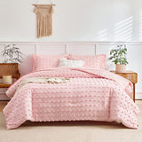 6 Pieces Tufted Dots Bed in a Bag Twin Comforter Set Girls Pink , Soft and Embroidery Shabby Chic Boho Bohemian Comforters, Luxury Solid Color with Pom Pom Design, Jacquard Tufts Bedding Set for Kids Flysheep