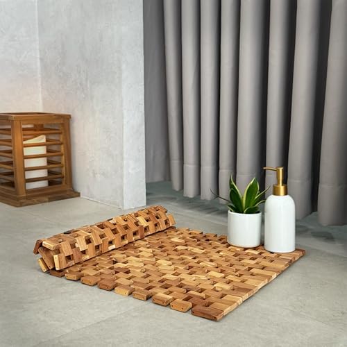 GREEN ALLUVIUM Acacia Wood Bath Mat - Non Slip Sturdy Wooden Bathroom Mat - Outdoor Wooden Shower Mat for Indoor & Outdoor Shower, Spa, Sauna, Cold Plunge, Camping 20" x 32" GREEN ALLUVIUM