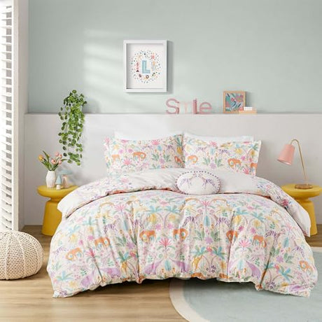 Intelligent Design Kids Cotton Queen Duvet Cover Set, Jungle Animals Fun Safari Adventures, Cotton Comforter Cover, All Sasons Bedding Reversible Duvet, Sham & Pillow, Lulu, Full/Queen Purple 4 Piece Intelligent Design