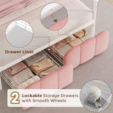 Full Velvet Upholstered LED Canopy Bed Frame with 2 Storage Drawers and Charging Station, Crown Headboard with Bookshelf, Two-Use Princess Platform Bed with 4 Removable Posts,Metal Slats Support-Pink Jocoevol