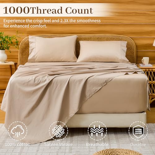 Bedlifes Deep Pocket Sheets 18-24 Inch, Queen Size Egyptian Cotton 1000 Thread Count, 4-Piece - Fits Extra Thick Mattresses, Cooling & Breathable (Linen) Bedlifes