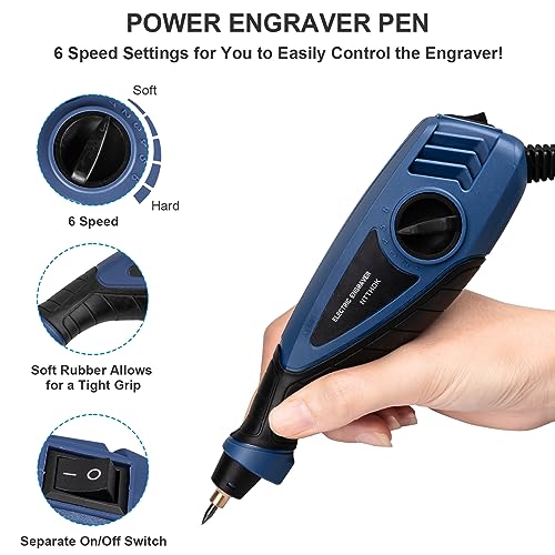 25W Engraving Pen, 6 Speed Power Engraving Tool, Handheld Engraver Pen with Tungsten Carbide Steel Bits for Wood Metal Glass Professional Etching Tool YEYETUO