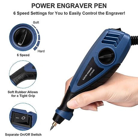 25W Engraving Pen, 6 Speed Power Engraving Tool, Handheld Engraver Pen with Tungsten Carbide Steel Bits for Wood Metal Glass Professional Etching Tool YEYETUO