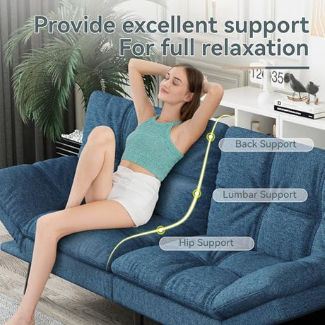 AMICLIBER Futon Sofa Bed Convertible Couch, Blue Linen Sofa Bed with Memory Foam, Adjustable Backrest & Armrests, Multifunctional Small Loveseat Sleeper Sofa for Living Room, Apartment, Office AMICLIBER