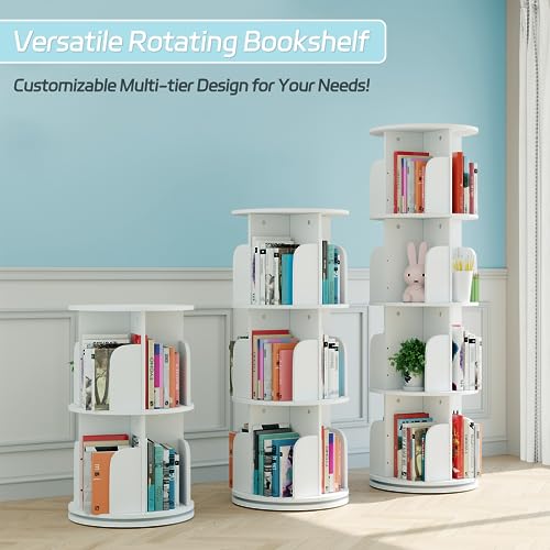 4-Tier Rotating Bookshelf Organizer by EasyCom - Space-Saving Floor Standing Bookcase in White EasyCom