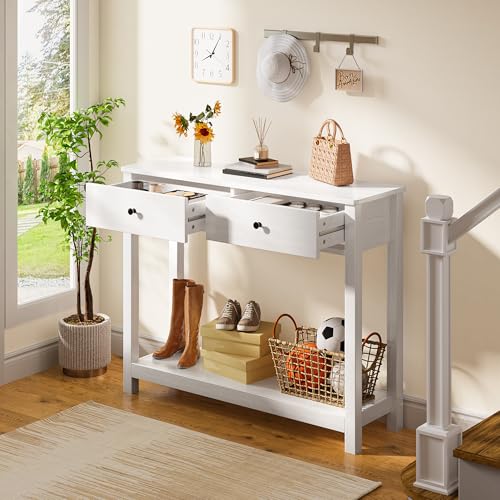 Gizoon Console Table with Drawers, Sofa Table with Storage Shelves, 2-Tier Wooden Entryway Table for Living Room, Kitchen, Hallway, Foyer, White Gizoon
