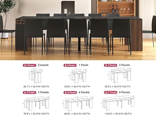 Banzeem Extendable Dining Table with Storage, Transformer Extra Console Table for 1-12 People, Folding Space Saving Dining Room Table with Built-in Outlet for Homes, Apartments, Walnut Black Banzeem