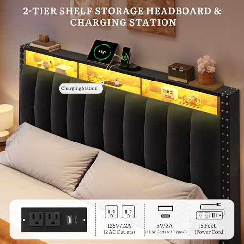 DWVO Queen Size Bed Frame with 4 Storage Drawers and RGB LED Lights, Velvet Upholstered Platform Bed with Charging Station and Bookcase Storage Headboard, No Box Spring Needed, Easy Assembly, Black DWVO