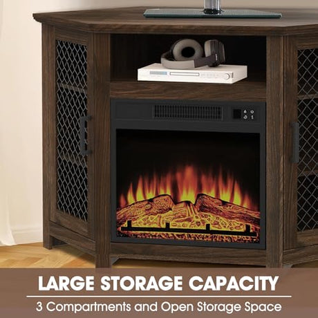 47" Corner Fireplace TV Stand for TVs Up to 55", Farmhouse Fireplace TV Stand with Remote 18" Electric Fireplace, Entertainment Center with Storage & Open Shelves for Living Room, Bedroom, Brown Vaczon