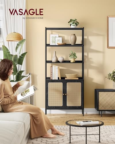 VASAGLE Boho 6-Tier Bookcase with Rattan-Like Door, Adjustable Storage Shelf in Ebony and Matte Black - WoodArtSupply