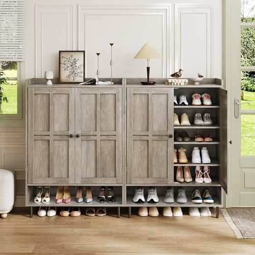ComfyCorner Grey 7+1 Tier Farmhouse Shoe Storage Cabinet - 45" Tall Entryway Organizer with Cross Molding Doors, 3 Adjustable Shelves & Metal Legs, Shoe Rack for Front Door Entrance ComfyCorner