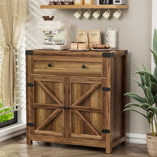 YESHOMY Coffee Bar Accent Cabinet, Farmhouse Barn Door Buffet Sideboard with Drawer and Adjustable Shelf, Wide Desktop for Kitchen, Dining Room, Bathroom, Entryway, Brown - WoodArtSupply