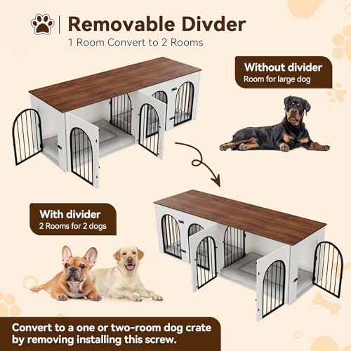 71" Large Dog Crate Furniture for 2 Dogs, Wooden Double Dog Crate, Indoor Dog Kennel TV Stand with Divider and Cushion for Large Medium Dogs, White/Brown GarveeLife