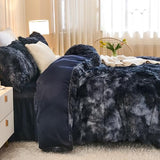 Andency Faux Fur Tie-Dyed Black Blue Comforter Set Full Size, 3 Pieces Fluffy Fuzzy Plush Bedding Comforter Set (1 Shaggy Velvet Comforter & 2 Pillowcases), Soft Puffy Down Comforter Bedding Set Andency