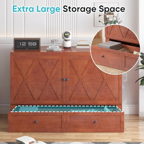 CECER Queen Size Murphy Bed with Tri-Folding Mattress，Murphy Bed with Charging Station and Two Large Storage Drawers for Small Spaces/Bedroom（Maroon）-Mattress Include CECER