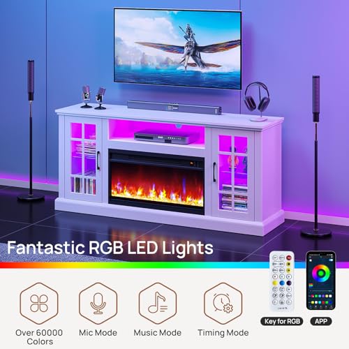 Rolanstar Fireplace TV Stand with Led and Power Outlets, White Entertainment Center with 26" Electric Fireplace for 45/50/55/60/65 inch TVs, Modern TV Console with Storage Cabinet for Living Room Rolanstar