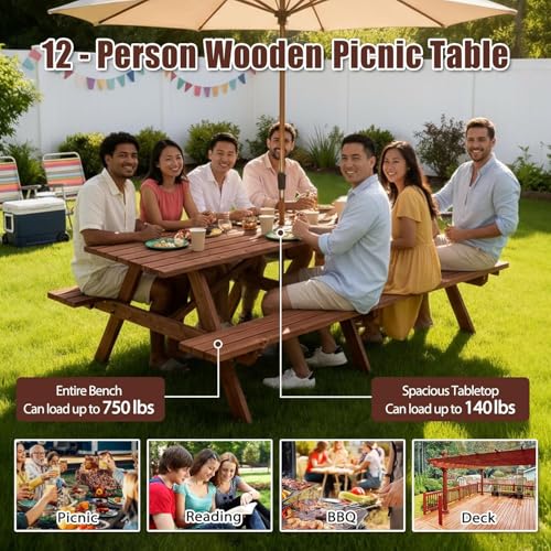 Jaxilyn Outdoor Wooden Picnic Tables 10-12 Person with Benches for Patio Garden Backyard Large Outside Dining Table Set with Umbrella Hole Jaxilyn