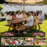 Jaxilyn Outdoor Wooden Picnic Tables 10-12 Person with Benches for Patio Garden Backyard Large Outside Dining Table Set with Umbrella Hole Jaxilyn