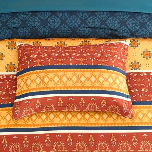 WONGS BEDDING Boho Comforter Set Queen Size,7 Pieces Bed in a Bag Bohemian Striped Bedding Set,Burnt Orange Paisley Floral Comfortet and Sheet Set,Soft Microfiber Bedding Sets for All Season WONGS BEDDING