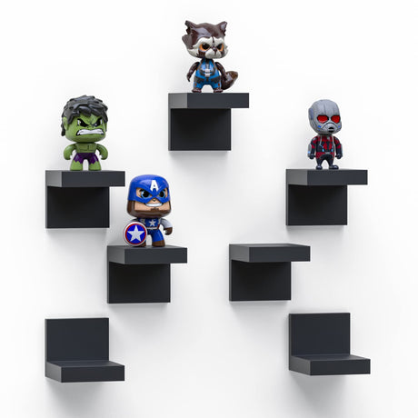 7-Pack Small Floating Shelves for Wall by RicherHouse, Plastic Black Shelf 4 Inch Display Ledges Room Decor, Mini with 2 Types of Installation (Adhesive or Screw) RICHER HOUSE
