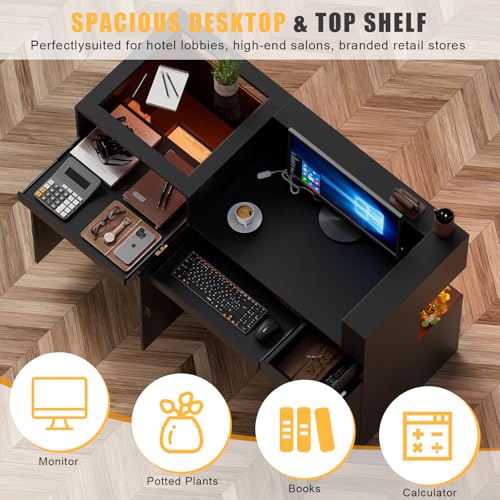 PAKASEPT 59" Large Reception Desk with Counter, Modern Front Desk Reception Room Table with LED Light & Glass Display Shelf, Retail Counter for Checkout, Lobby, Beauty Salon, Home Office Desk (Black)