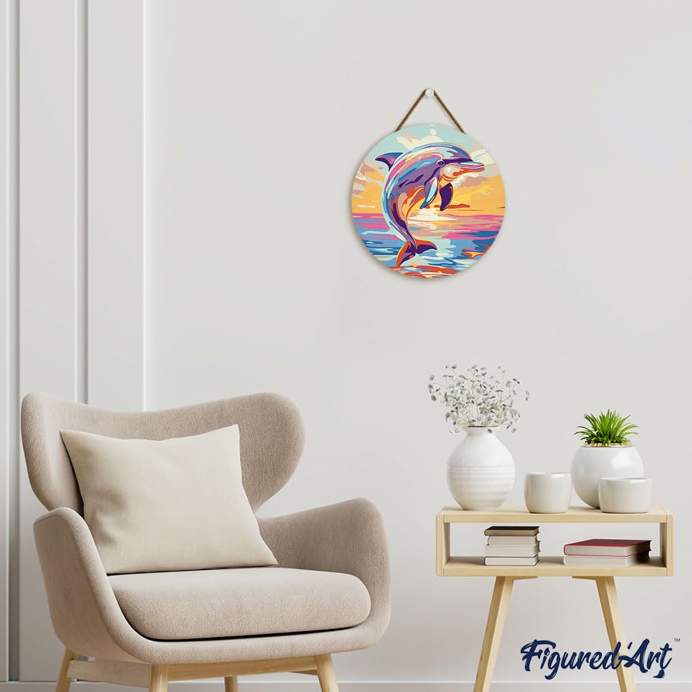 Figured'Art Paint by Numbers Kit for Adults on Wood Slice, 11.8in Diameter - Dolphin - Craft Art Painting DIY Canvas Figured'Art