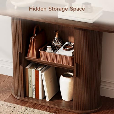 55 Inch Console Table with Storage, Fluted Entryway Tables with Sliding Doors, Sofa Table Behind The Couch, Hallway Tables, Mid-Century Modern Foyer Table for Entryway, Hallway, Living Room, Walnut ONBRILL