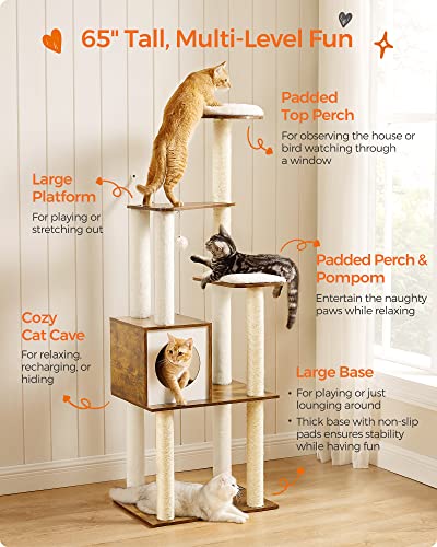 Feandrea WoodyWonders Cat Tree, 65-Inch Modern Cat Tower for Indoor Cats, Multi-Level Cat Condo with 5 Scratching Posts, Perch, Washable Removable Cushions, Cat Furniture, Rustic Brown UPCT166X01 Feandrea