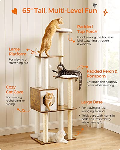 Feandrea WoodyWonders Cat Tree, 65-Inch Modern Cat Tower for Indoor Cats, Multi-Level Cat Condo with 5 Scratching Posts, Perch, Washable Removable Cushions, Cat Furniture, Rustic Brown UPCT16 - WoodArtSupply