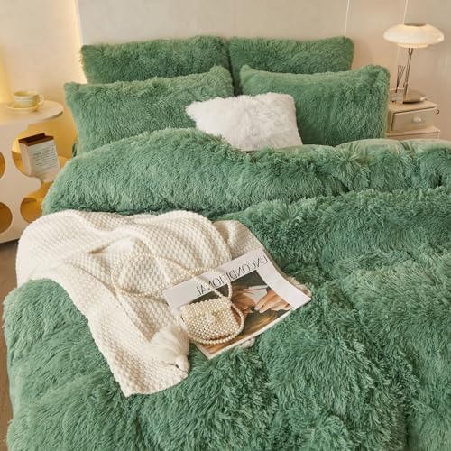 HAIHUA Faux Fur Sage Green Comforter Cover Queen Set, Soft Fluffy Shaggy Sage Green Bedding Queen Set 3 Pieces (1 Fuzzy Duvet Cover + 2 Plush Pillow Cases) Furry Bed Set, Zipper Closure HAIHUA