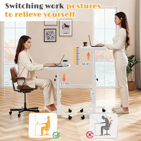 Furmax Small Portable Standing Desk Adjustable Height, Mobile Stand Laptop Computer Workstation with Lockable Wheels for Walking Pad Treadmill (White) Furmax