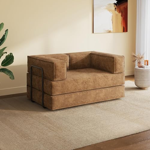 WLIVE 60'' Futon Sofa Bed, Convertible Sleeper Sofa, Folding Pull Out Couch Boneless Mattress with Fixed Frame, Corduroy, Brown WLIVE