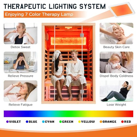 Albott Infrared Sauna 2 Person, Infrared Saunas for Home, Low EMF 110V Hemlock Wood Dry Sauna with Tourmaline Foot Warmer, 7-Color Light Therapy & Salt Crystal Bricks, 47.2"x34.2"x70.9" Albott