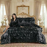 Bedbay Black Satin Comforter Queen Pinch Pleat Bedding Silk Like Satin Ruffled Duvet Set 4 Pcs with Black Ruffle Silky Body Pillow Cover Aesthetic Room Decor Luxury Satin Bedding Set for All Season Bedbay